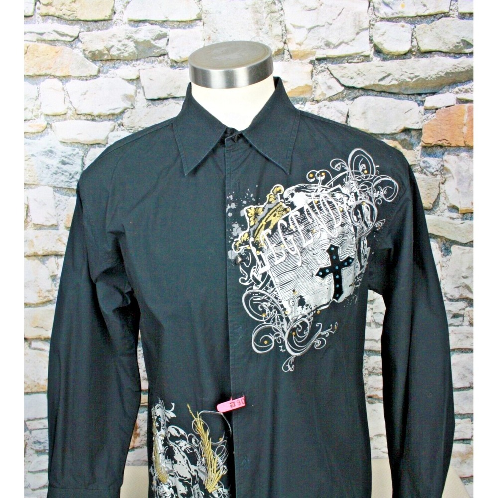 LANZINO Men's Shirt Black Embroidered Legend with Rhinestone 90's All Cotton L